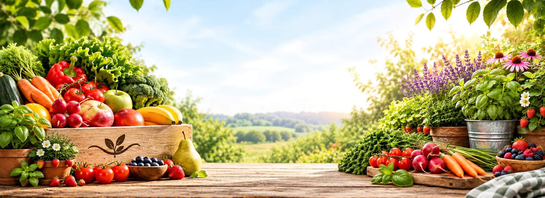 Vers fruit, groenten en kruiden op een houten tafel met uitzicht over het Brabantse landschap